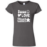  "Peace, Love, and Board Games" women's t-shirt Charcoal