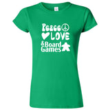  "Peace, Love, and Board Games" women's t-shirt Irish Green