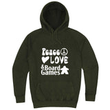  "Peace, Love, and Board Games" hoodie, 3XL, Vintage Olive