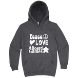  "Peace, Love, and Board Games" hoodie, 3XL, Storm