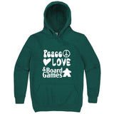  "Peace, Love, and Board Games" hoodie, 3XL, Teal