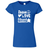  "Peace, Love, and Board Games" women's t-shirt Royal Blue