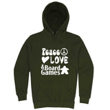  "Peace, Love, and Board Games" hoodie, 3XL, Army Green